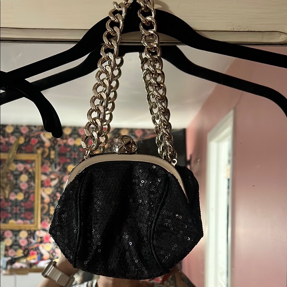 Betsey Johnson Black Sequin Clutch with Gold Chain